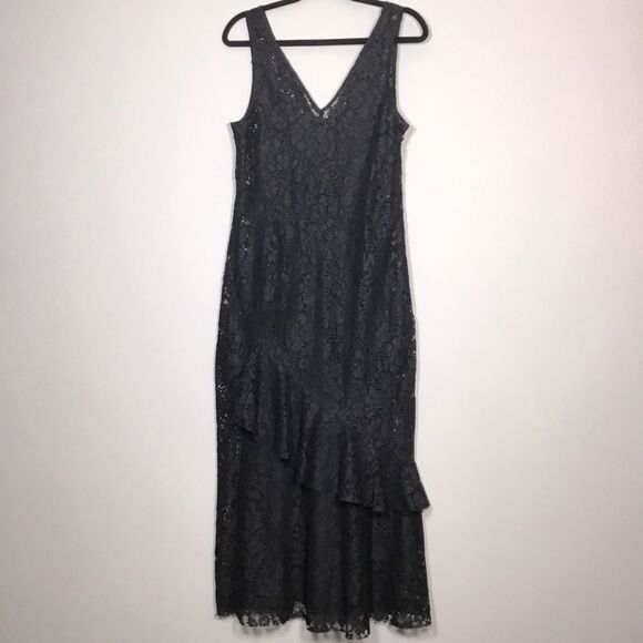 Formal black lace sleeveless dress with dress lining asymmetrical ruffle size M - Picture 1 of 11